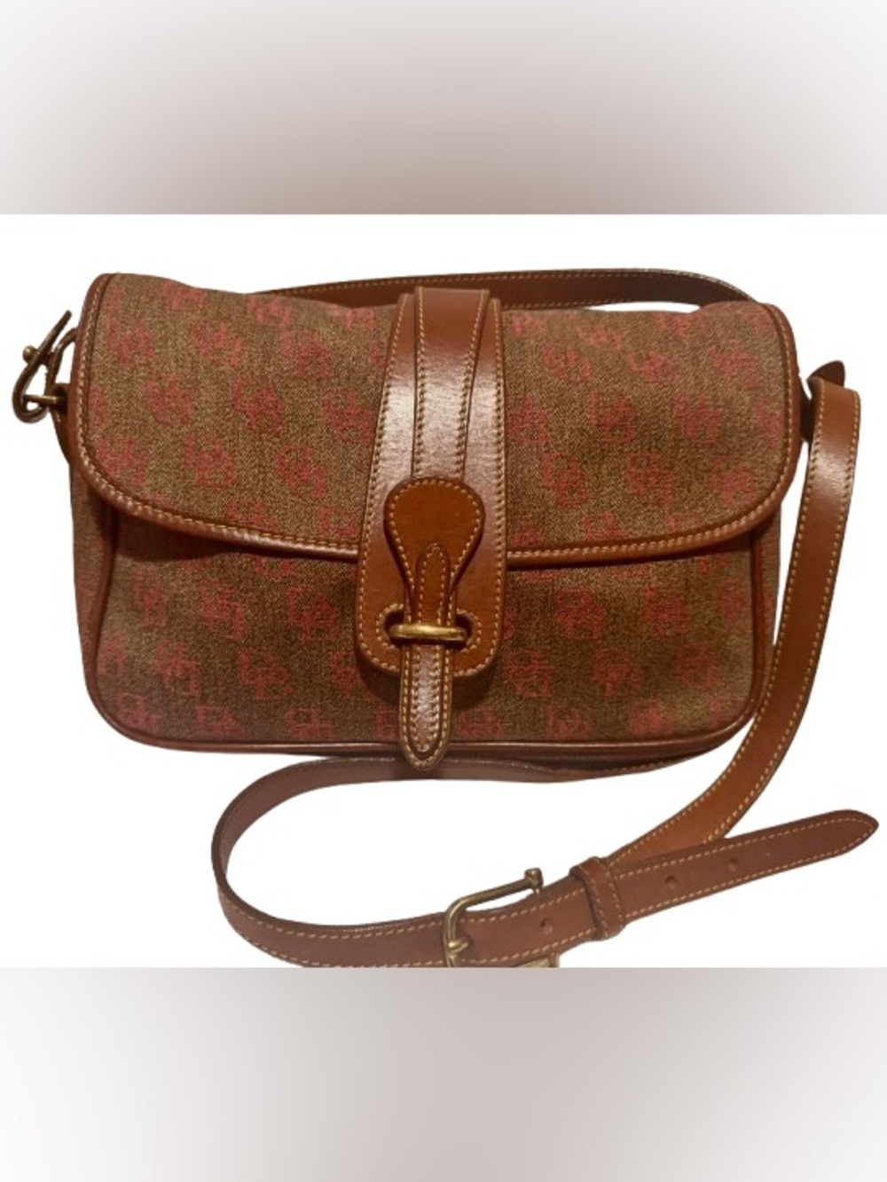 Dooney & Bourke Vintage USA Signature Canvas Equestrian Flap Bag (Pink/Brw) -EUC